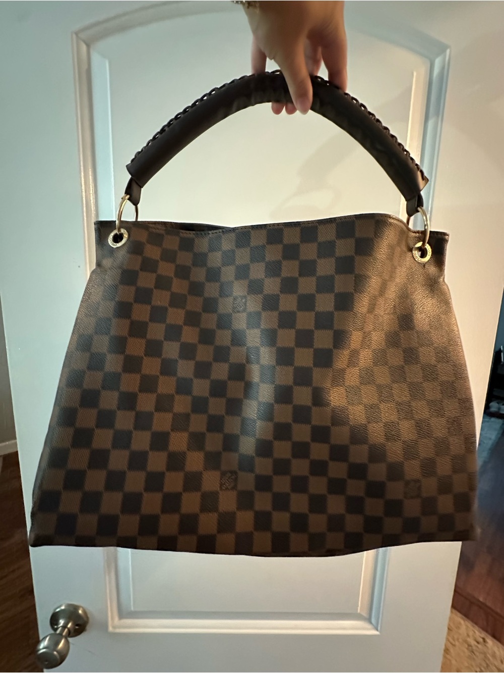 Dark Brown Checkered Shoulder Bag with Padded Top Handle